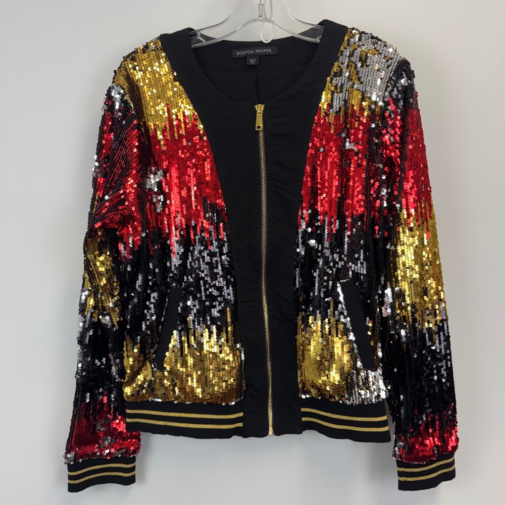 Boston Proper Sequin Bomber Jacket Red Gold Black Silver Zip Front Womens Small